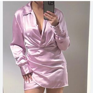 ZARA Purple Pastel Satin Effect Lavender Long Sleeve Mini Dress NWOT